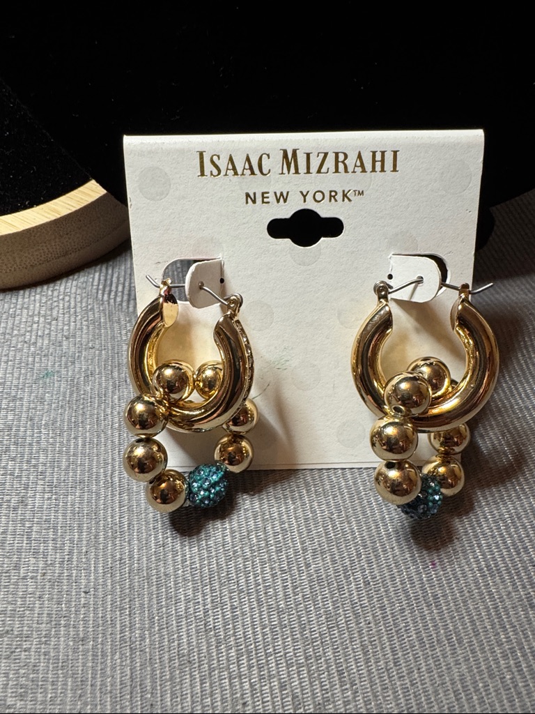 Isaac Mizrahi Gold Hoop Earrings With Teal Crystal Bead 8$